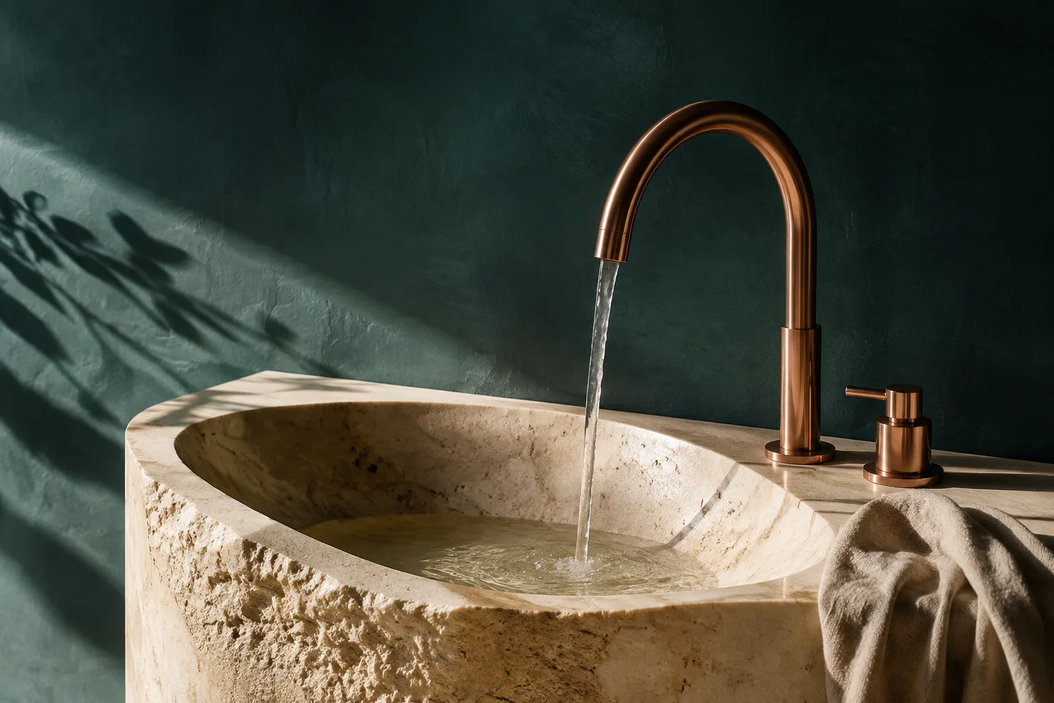 Doğal taş ve bakır armatürlerin buluştuğu modern banyo